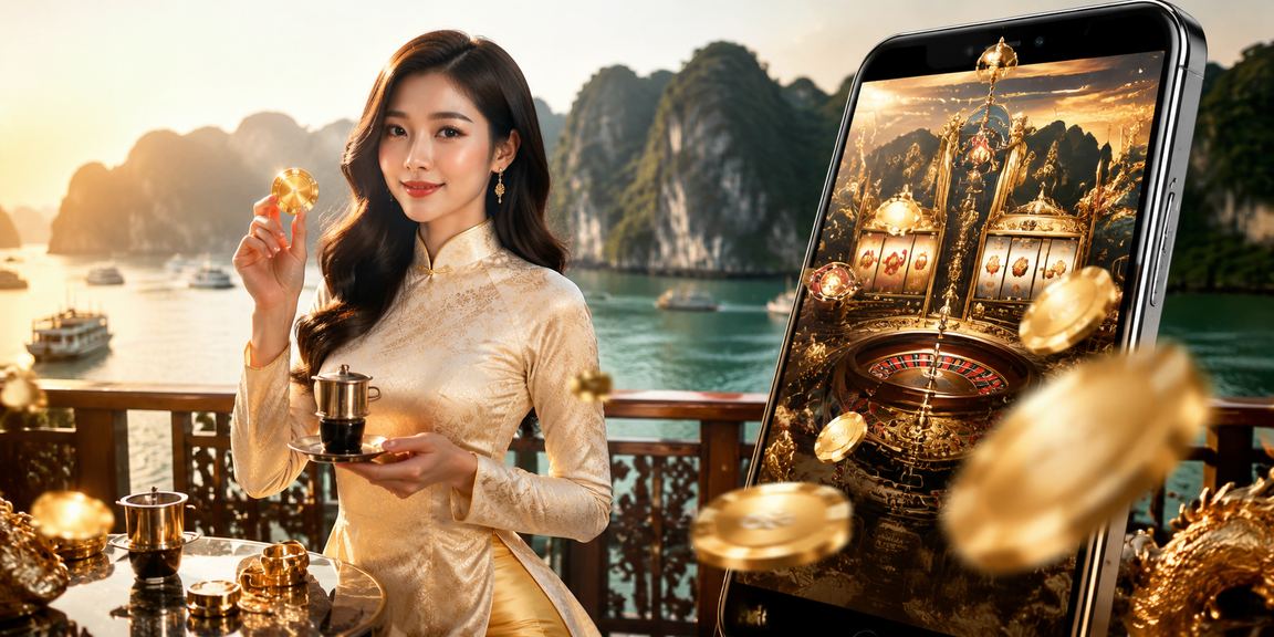 Người dùng mặc áo dài chơi mobile casino tại Vịnh Hạ Long với khung cảnh thiên nhiên